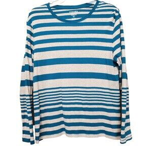 Sonoma Women's Cotton Gray/Teal Striped Long Sleeve T-Shirt Size Petite PXL